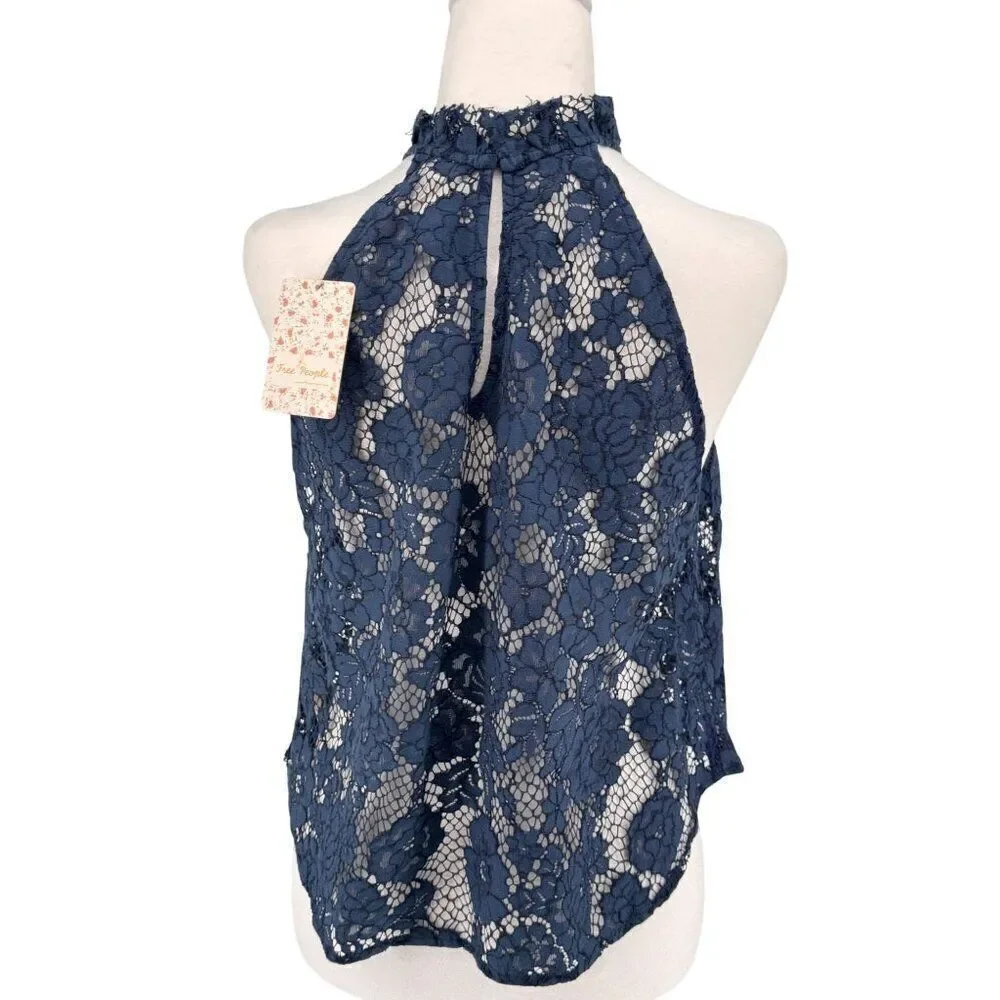Free People Womens Halter Lace Top Sweet Meadow Dreams In Blue Sz S - Picture 4 of 11
